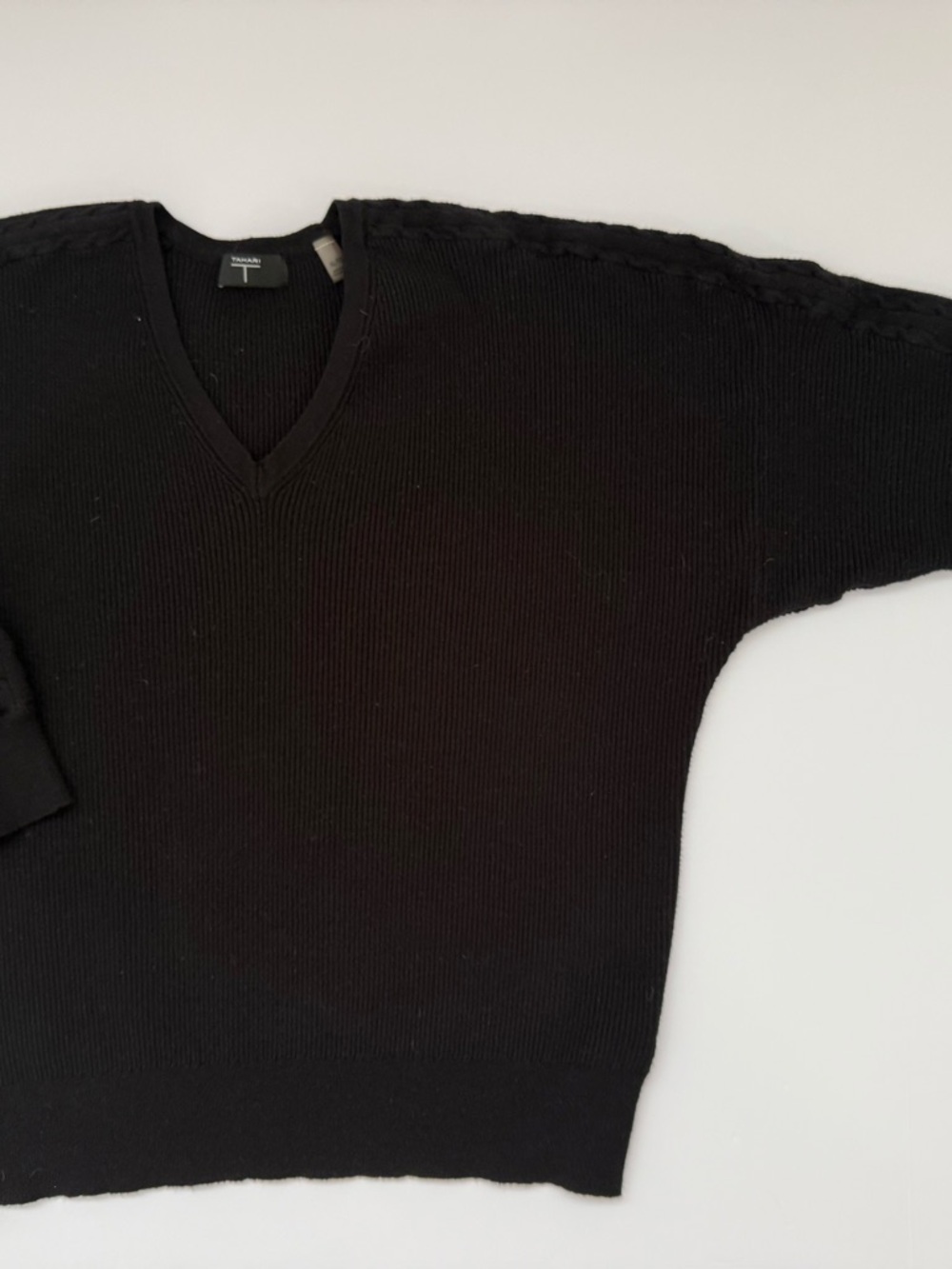 Tahari Black V-Neck Women’s Sweater with Cable Shoulder Detail
